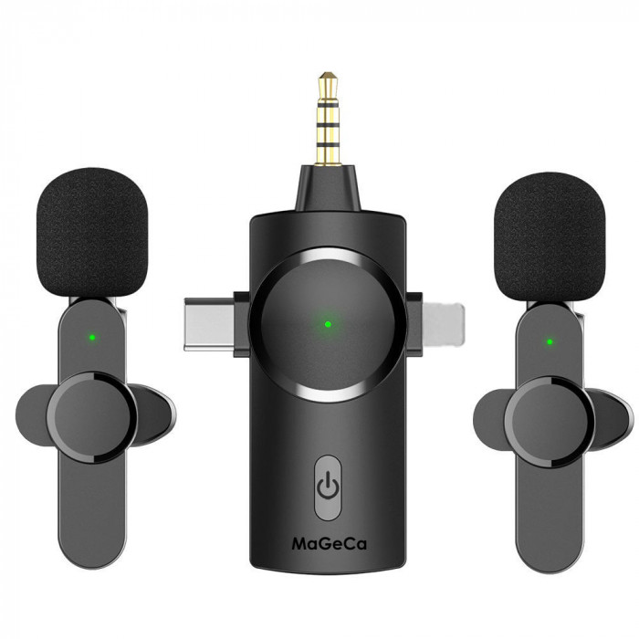 Set 2 microfoane wireless MaGeCa&reg;, tip lavaliera 3 in 1, Reducerea zgomotului pentru inregistrarea video in aer liber, Compatibil cu iPhone/Type-C/Cam