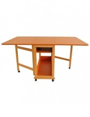Masa plianta cu spatiu depozitare Util, pentru living si bucatarie, PAL, structura lemn masiv, cu role, 6 persoane, 160x96x80 cm, cires