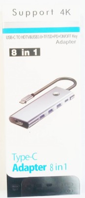 Adaptor hub multiport 8 in 1, Media hub, Cu cablu USB-C, PD 100W charging port, support HDMI 4K, SD/TF card reader, 1 USB 3.0, 1 USB-C Data, Plug and foto