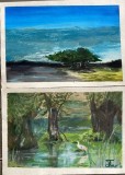 Lot 2 lucrări Ana Teodorescu, tehnică mixtă pe carton subțire, 25 x 17 cm fiecare / arta romaneasca / semnatura / foarte decorative, Natura, Pastel, Abstract