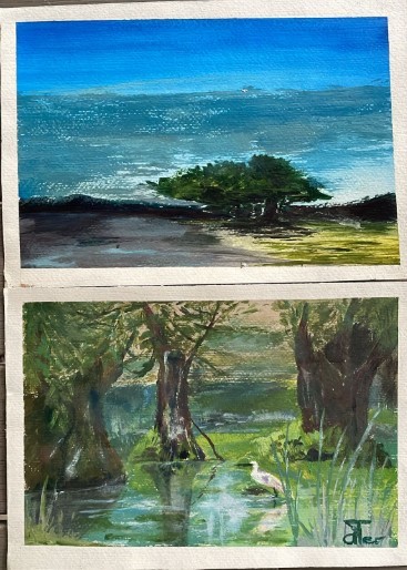 Lot 2 lucrări Ana Teodorescu, tehnică mixtă pe carton subțire, 25 x 17 cm fiecare / arta romaneasca / semnatura / foarte decorative