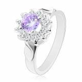 Inel strălucitor cu frunze pe braţe, zirconiu violet deschis, petale transparente - Marime inel: 52