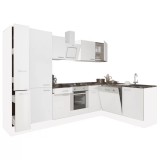 Mobilă de bucătărie de colț Yorki 310, corp alb, față alb satinat cu element inferior cuptor, dulap cu raft