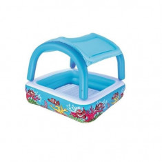 Piscina gonflabila pentru copii, patrata, cu acoperis, model coral, 147x147x122 cm, Bestway