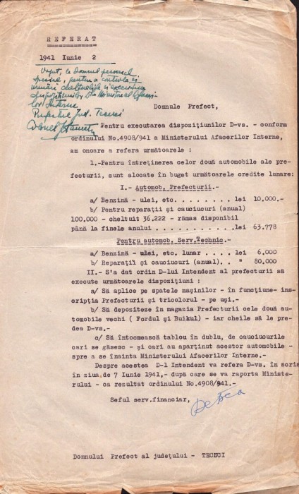 A3611N Bugetul pentru automobile al Prefecturii județului Tecuci, 1941, semnat olograf de prefect
