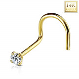 Piercing curbat din aur galben de 14K pentru nas, zirconiu transparent, 3 mm