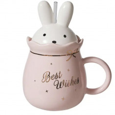 Cana ceramica cu capac Pufo Bunny, pentru cafea sau ceai, 500 ml, roz foto