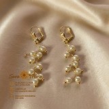 Cercei lungi Perla Rugiada cu perle albe si ramuri aurii, placati cu aur 18K, 6 cm Brazilia
