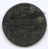 Franta 5 centimes 1795 A - L&#039;AN 4 - A, Prima Republica, Cupru, 23 mm A, KM-635.1 (6)