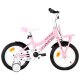Bicicleta copii cu suport frontal, alb si roz, 14 inci GartenMobel Dekor, vidaXL