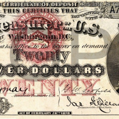 20 dolari 1878 Reproducere Bancnota USD , Dimensiune reala 1:1