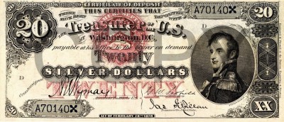 20 dolari 1878 Reproducere Bancnota USD , Dimensiune reala 1:1 foto