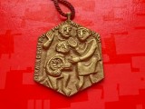 H511-Medalion pandativ Sfanta Treime verso Maica cu Apostolii model Art Deco bronz masiv cu motto: Cine dorește să-Mi slujească, să Mă urmeze.