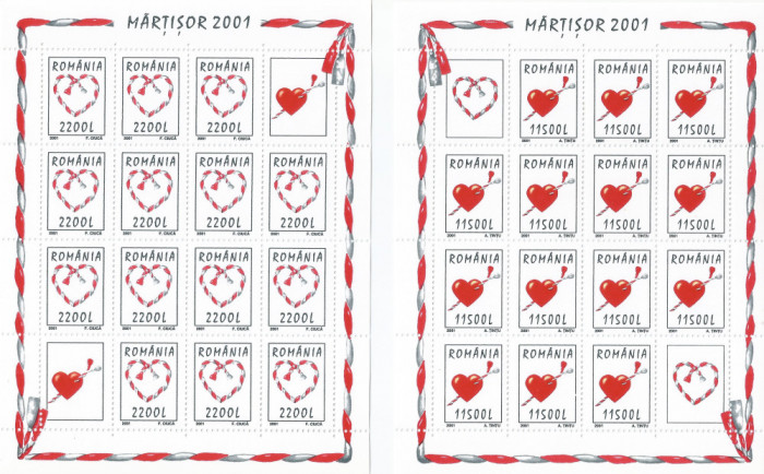 |Romania, LP 1542b/2001, Martisor 2001, coli de 14 marci si 2 viniete, MNH