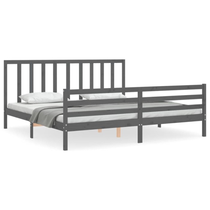 Cadru pat cu tablie 200x200 cm, gri, lemn masiv