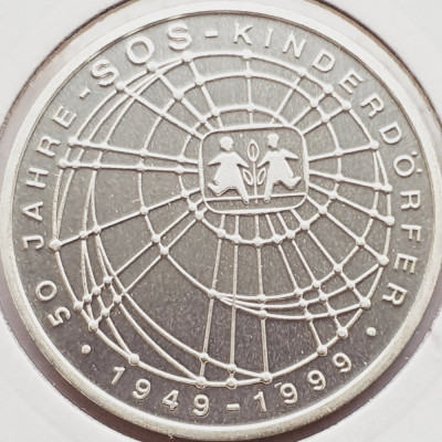 529 Germania 10 mark 1999 SOS Kinderd&amp;ouml;rfer - D - km 198 UNC argint foto