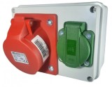 Doza aplicata precablata echipata cu 1 priza 5 poli 3P+N+E 16A 400V si 1 priza schuko 16A 230V IP44 150x110mm, LEDO