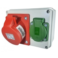 Doza aplicata precablata echipata cu 1 priza 5 poli 3P+N+E 32A 400V si 1 priza schuko 16A 230V IP44 150x110mm