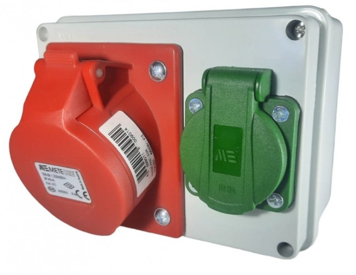 Doza aplicata precablata echipata cu 1 priza 5 poli 3P+N+E 32A 400V si 1 priza schuko 16A 230V IP44 150x110mm