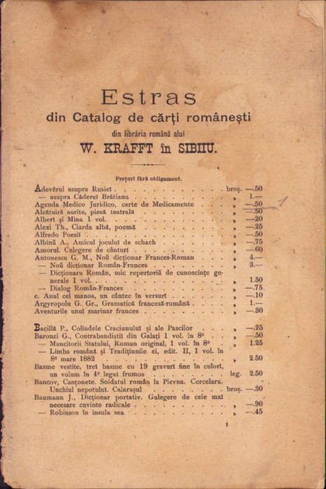 HST 343SP Estras din Catalog de cărți rom&acirc;nești din librăria Krafft Sibiu sec 19