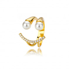 Inel Catherine, auriu, din otel inoxidabil, decorat cu zirconiu si perle, reglabil - Colectia Universe of Pearls