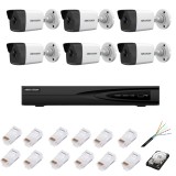 Sistem de supraveghere complet cu 6 camere IP, 4MP, lentilă 2.8mm, IR 30m, NVR cu 8 canale IP cu rezoluție 4k, accesorii, HIKVISION