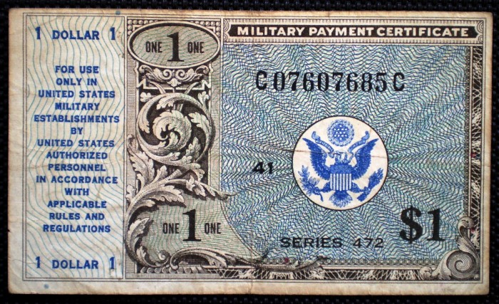 51 USA SUA MILITARY PAYMENT CERTIFICATE 1 DOLLAR 1948 SERIES 472 SR. 685C