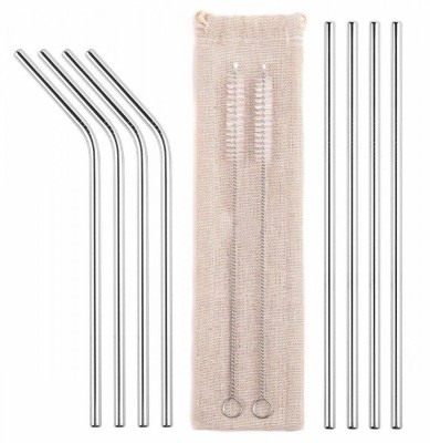 Set paie metalice pentru bauturi, 8 paie si 2 periute, argintiu foto