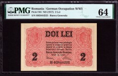ROMANIA 2 Lei BGR - 1917. Banca Generala Romana necirculata . Rara ! PMG 64 UNC