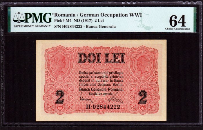 ROMANIA 2 Lei BGR - 1917. Banca Generala Romana necirculata . Rara ! PMG 64 UNC