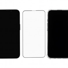 Husa transparenta tip Bumper + Folie de sticla securizata, full cover, duritate 9H, pentru iPhone 13, Neagra