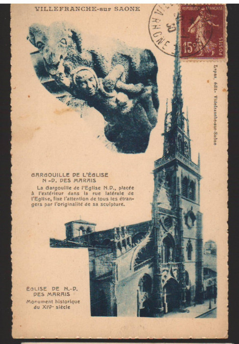 CPIB 16728 CARTE POSTALA - VILLEFRANCHE SUR SAONE, EGLISE DES MARAIS, 1930