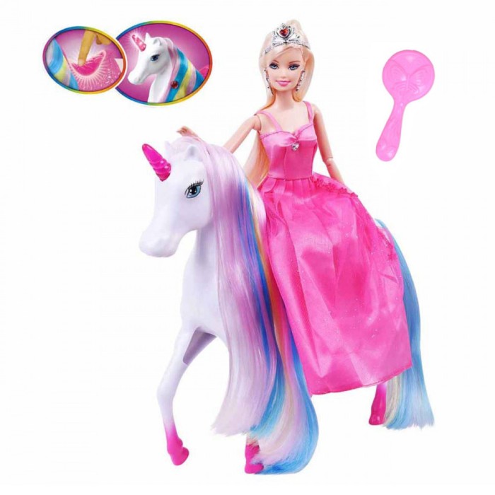 Set Papusa Printesa si Unicorn, Model Rochie Roz, Multicolor, Cu Lumina