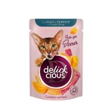 DELICKCIOUS, Stripsuri cu rata si dovleac in supa crema, pentru pisici, 85g