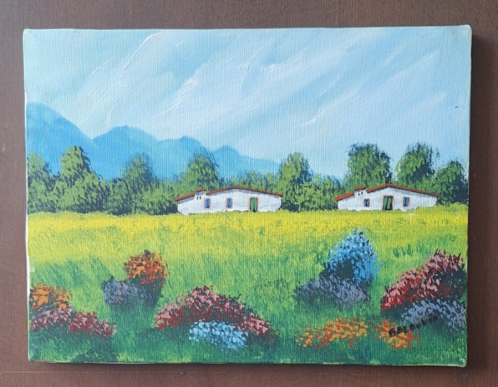 Lot 2 Tablouri Originale Semnate Baldovin &ndash; Peisaj Rustic cu Căsuțe și Flori de C&acirc;mp
