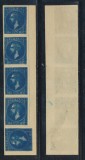 ROMANIA 1872 Carol I Emisunea Paris 1904 reprint 10b bleu streif rar de 5 cu timbrul de jos intors la 90 grade