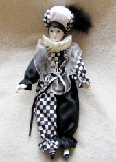 Pierrot Clown Doll.Papusa mare cu cap din portelan. Vintage. foto
