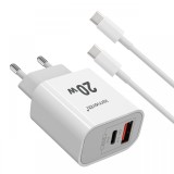Lemontti Set Incarcator Retea Fast Charge 20W 1 x PD Type-C + 1 x USB-A Quick Charge 3.0 si cablu Type-C-Type-C 20W 1m Alb