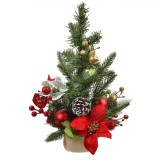 Pom de Crăciun Artificial, Model Decorativ de Masă, Globuri Roșii, Conuri Brune, &Icirc;nălțime 40cm, Oem