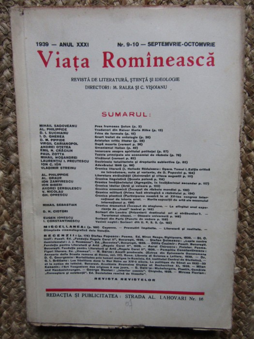 VIATA ROMANEASCA 1939 ANUL XXXI NR 9-10 - SEPTEMVRIE-OCTOMVRIE