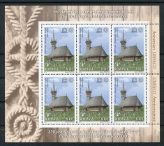 2013 , Lp 2000a , Aniversari UNESCO , 350 de ani Biserica de lemn din sat Rogoz , minicoala 6 timbre + manseta ilustrata - MNH