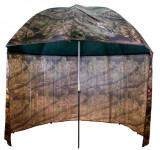 Umbrelă/shelter Delphin PVC cu perete lateral extins, diametru 250 cm, camuflaj maro, husa transport, cuie fixare