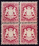 Cumpara ieftin ✅ (S35) Germania veche - Bavaria/Bayern 1875 " Stema embosata " 3Kr in bloc de 4 , Mi. 33x filigran linii ondulate , MLH