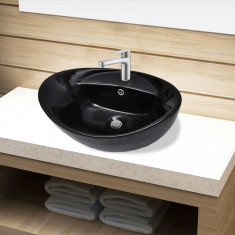 Bazin chiuveta ceramica baie cu gaura robinet/preaplin, oval, negru foto