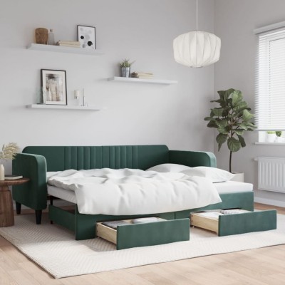 vidaXL Pat de zi cu extensie și sertare verde &amp;icirc;nchis 90x200 cm catifea 3197113 foto