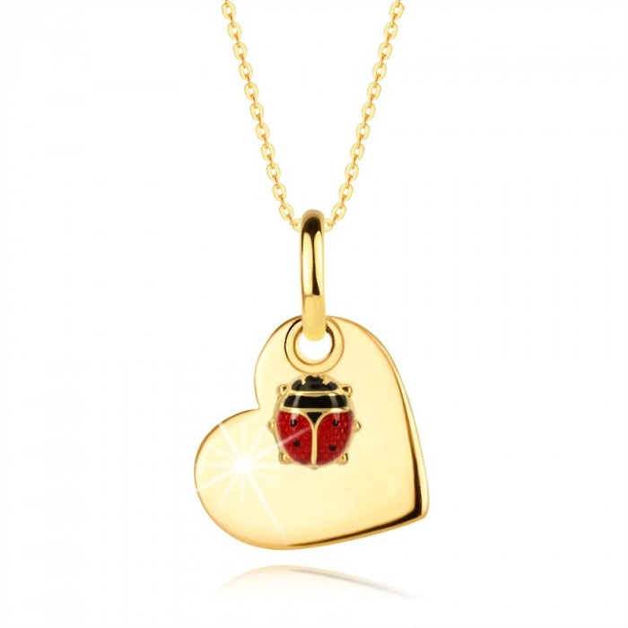 Colier din aur de 14K &ndash; o inimă plată, o buburuză mică cu aripi roșii
