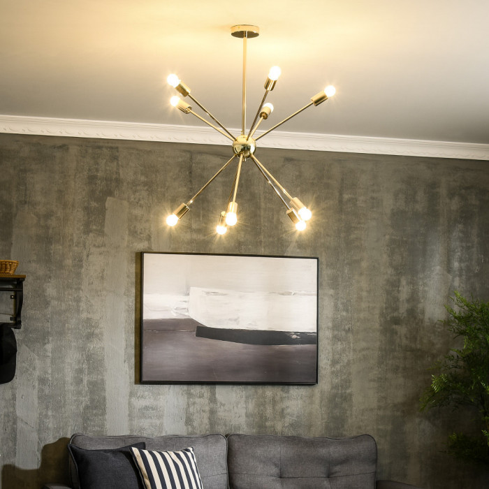 HOMCOM Lustra suspendata din metal auriu in stil Sputnik, Candelabru cu 10 lumini pentru bucatarie, sufragerie si dormitor, 65x65x78,5 cm