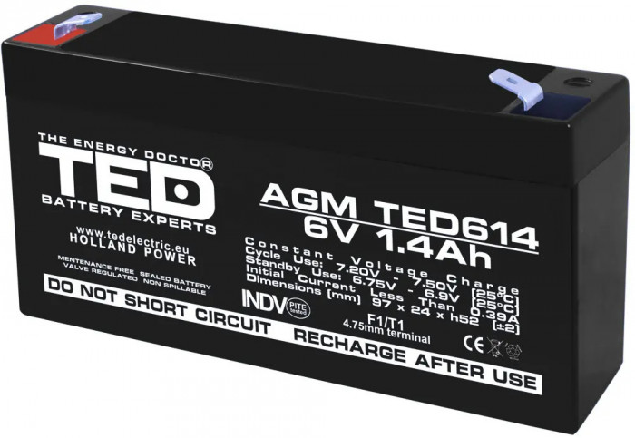 Acumulator 6V, TED Electric, Stationar, VRLA, Dimensiuni 97 x 24 x 52 mm, Baterie 6V 1.4Ah