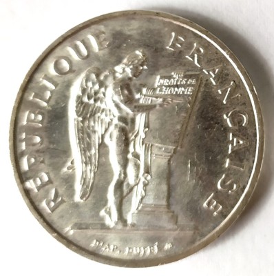 FRANTA 100 FRANCI 1989 INGERUL ARGINT XF AUNC 900/1000 15 G foto