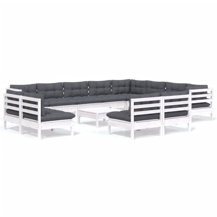 Set mobilier gradina cu perne, 13 piese, alb, lemn masiv pin